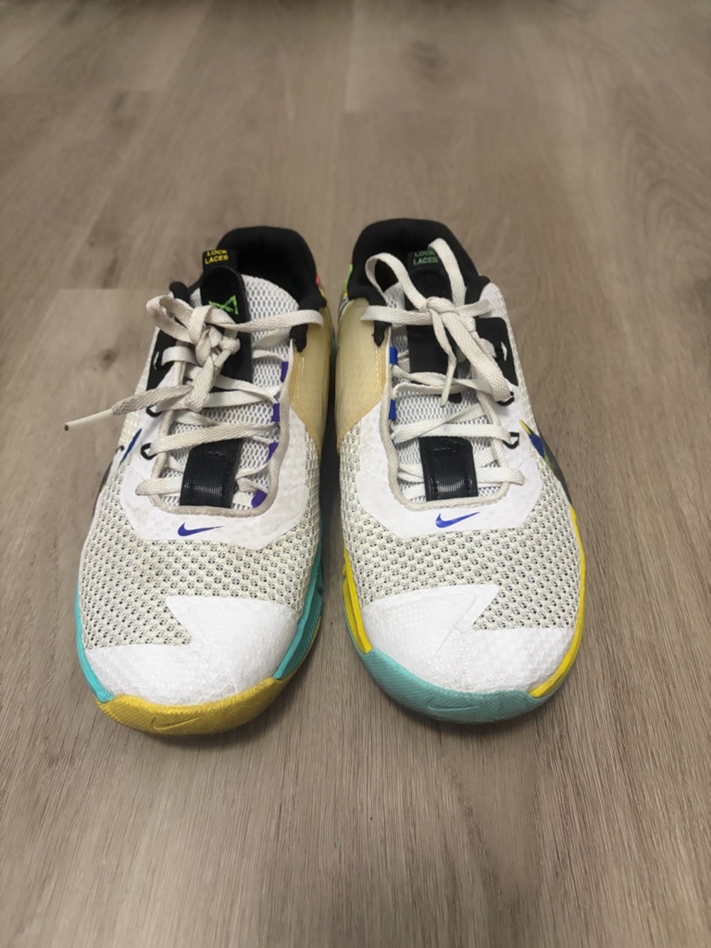 Nike Metcons White Mesh Sneakers with Teal and Yellow Accents